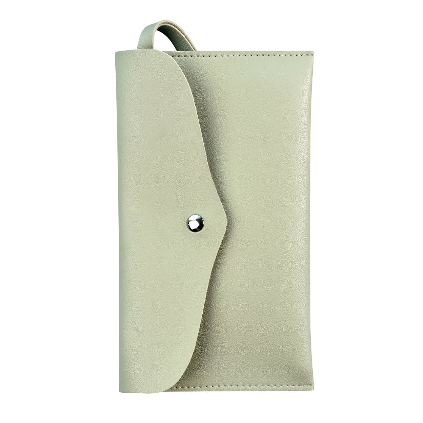 Light-green brush storage pouch with visible snap fastener