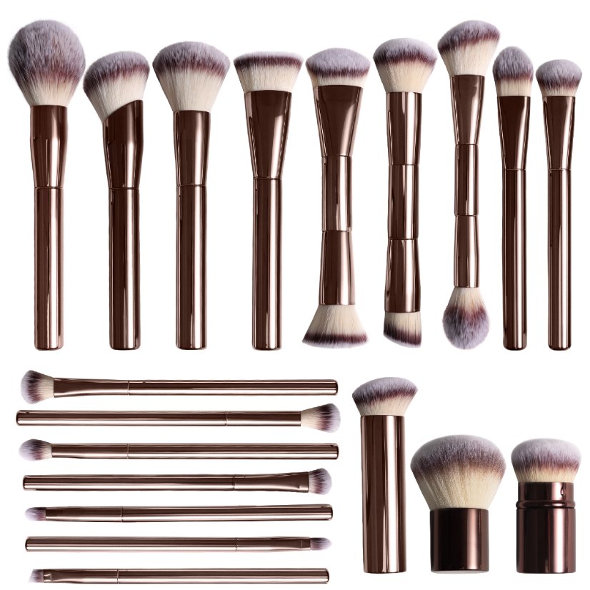 Brown-finish makeup brush assortment with different handle and head forms