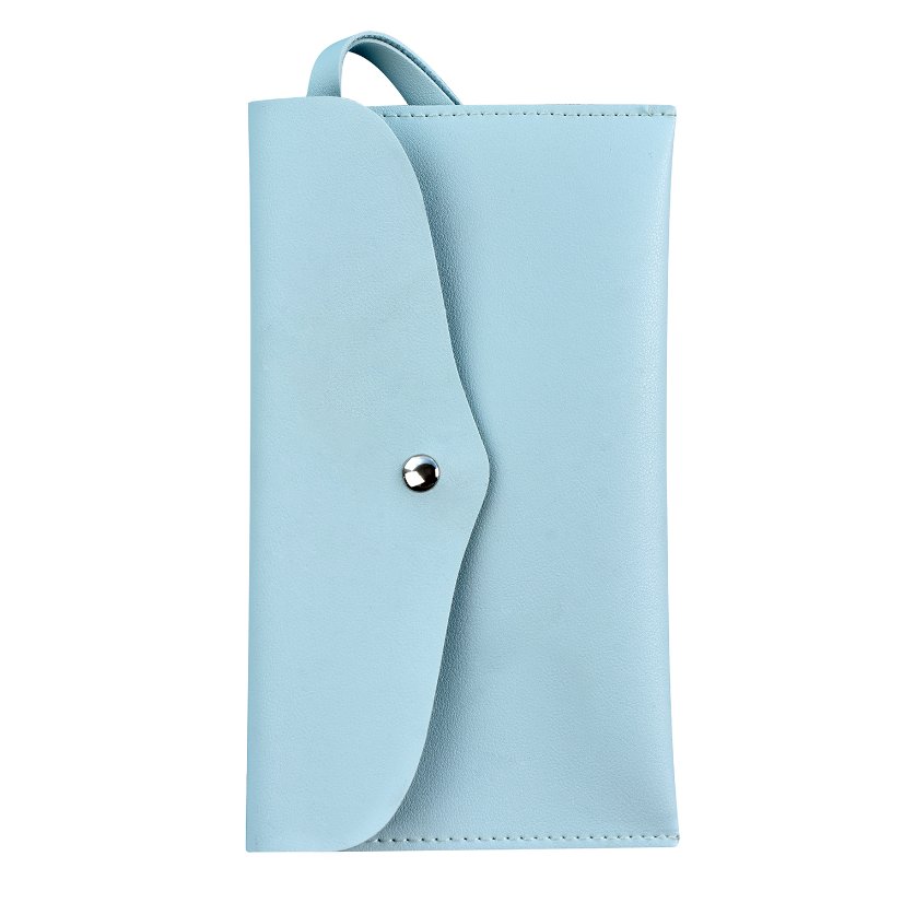 Light-blue brush storage pouch showing flap and stitched edges